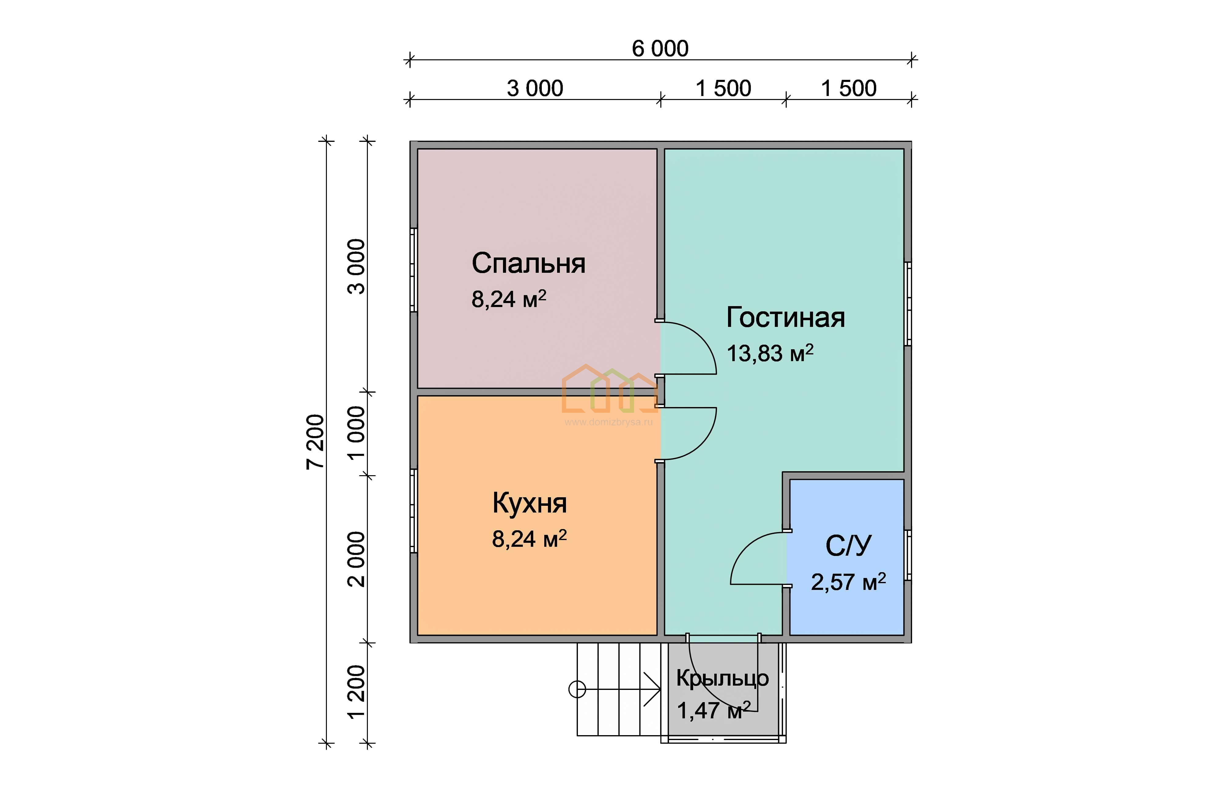 Дом из бруса одноэтажный 6х6 купить в Кашире цена 819500, площадь: 39 м2,  Брус 90х140 мм. с крыльцом